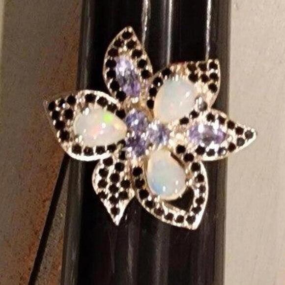 Sterling Jewelry - Fire Opal & Black Spinel Tanzanite 925 Sterling Silver Ring Size 9.25
